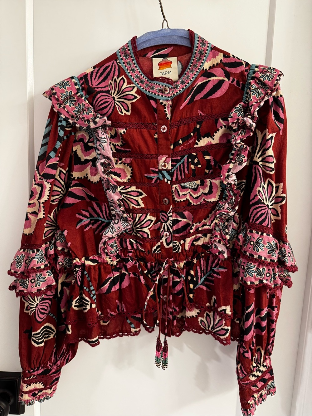 FARM Rio Burgundy Floral Ruffle Button-Front Blouse
